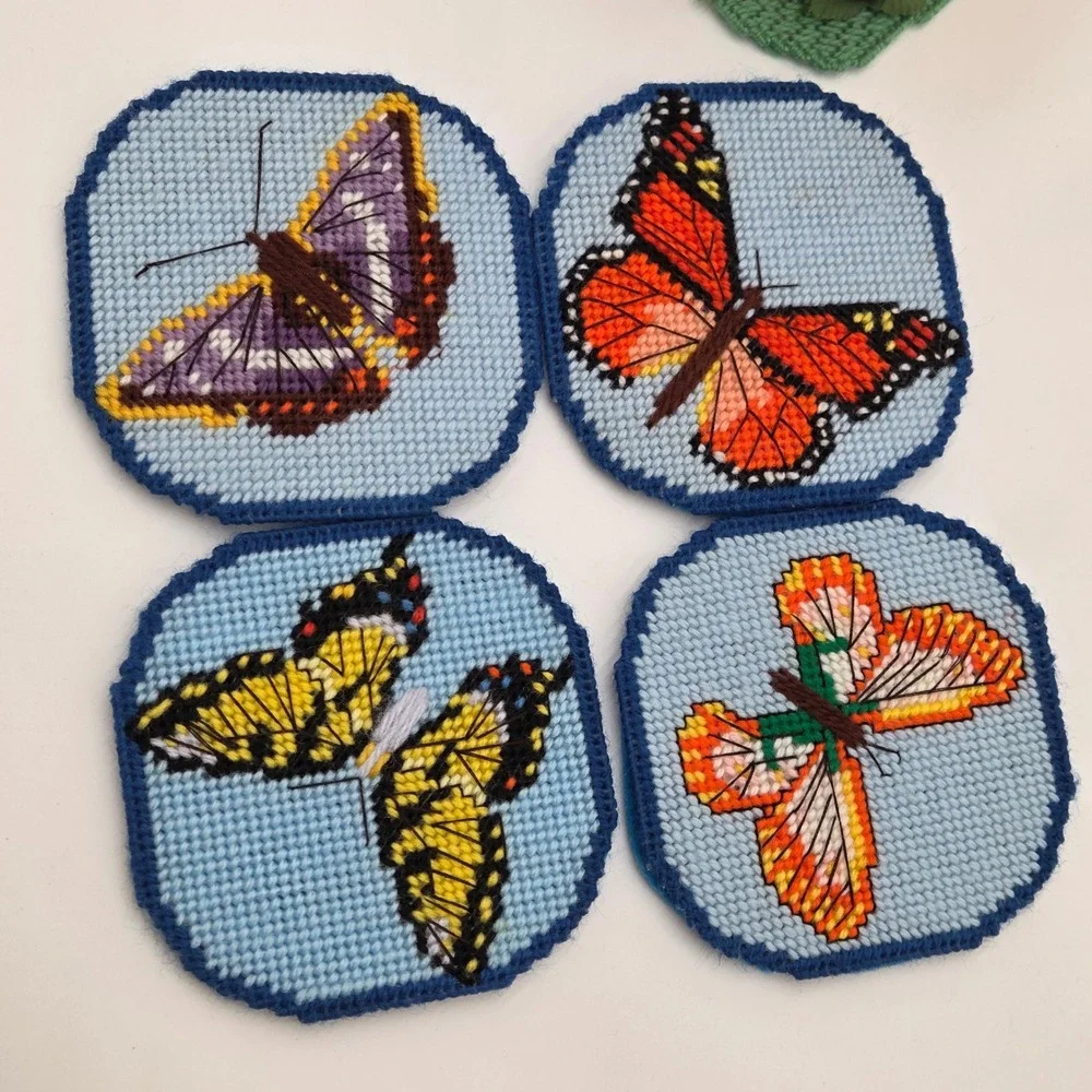Vintage Needlepoint Canvas Butterfly Coaster Set 4 w/ House Holder Handmade